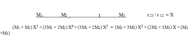 Co-linear proportional positions of the 3 bodies